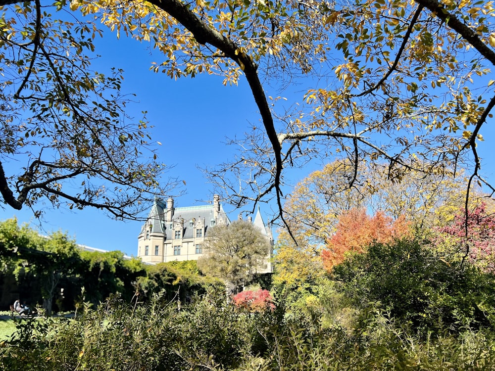 a large building surrounded by trees and bushes