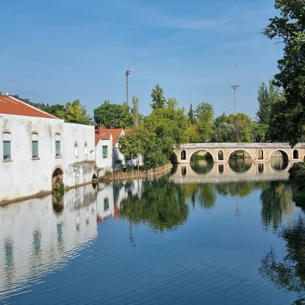 a bridge over a body of water next to a building