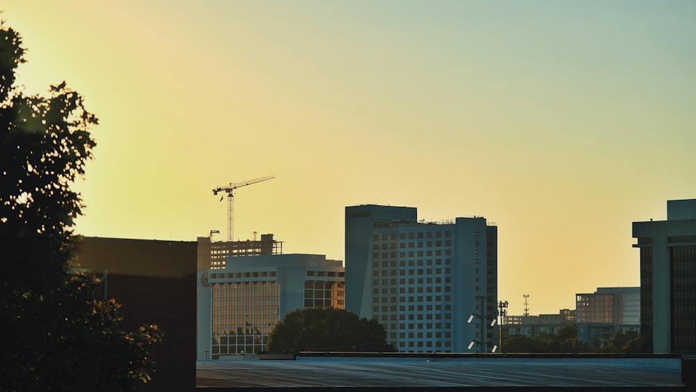 a city skyline with a crane in the distance