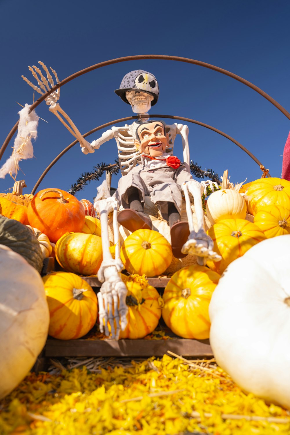 a skeleton sitting on top of a pile of pumpkins