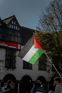 A Palestinian flag is prominently displayed on a flagpole against the backdrop of a building with traditional architecture and a clear blue sky. Several individuals stand nearby, one holding a sign that reads 'Free Palestine.' Trees with sparse leaves are visible on the side.