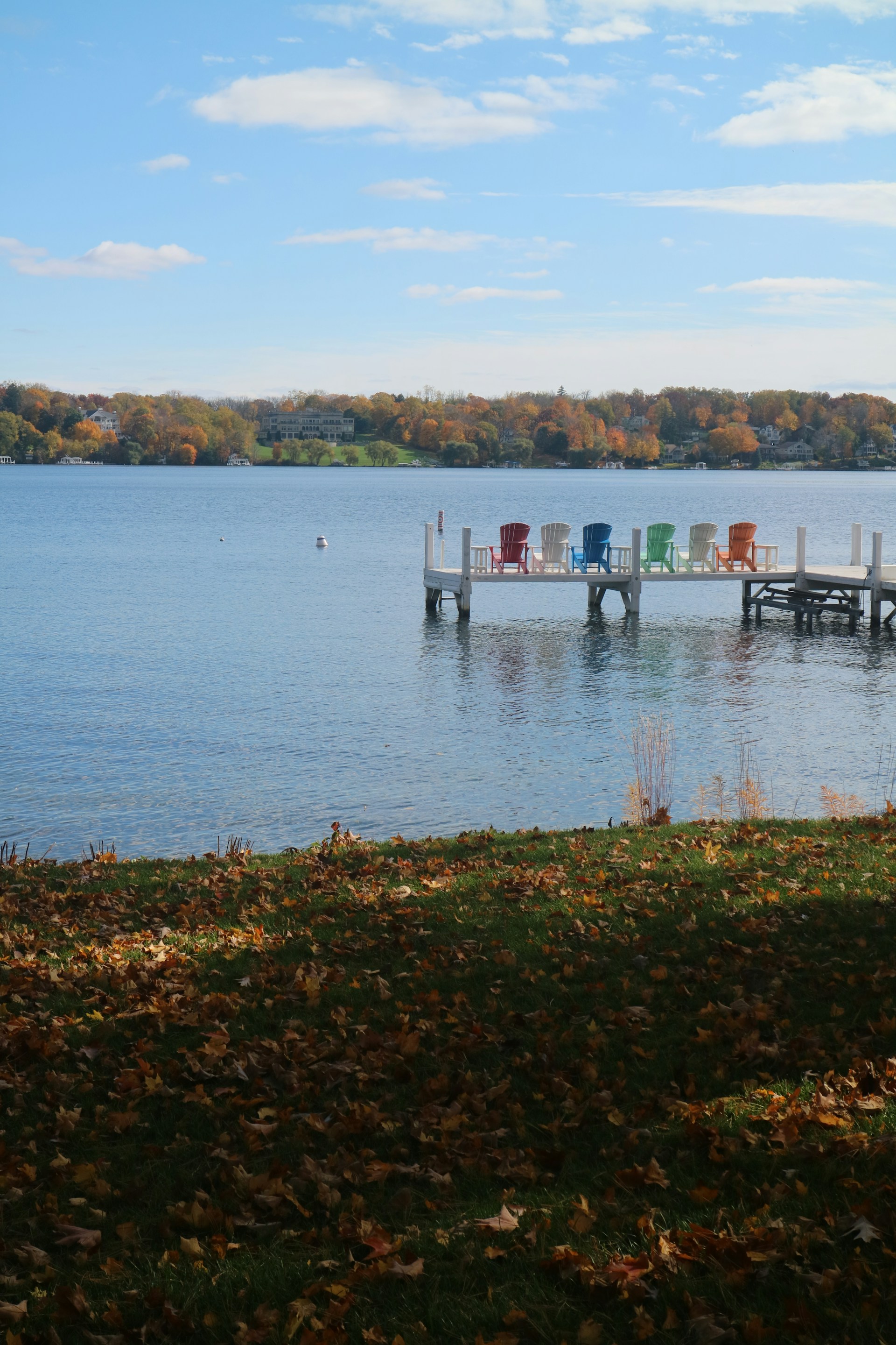 a body of water with a dock and chairs on it