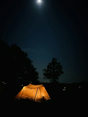 A glowing tent is illuminated from within under a starry night sky, with the bright moon casting a gentle light over the scene. Surrounding the tent are silhouetted trees and a serene outdoor setting, evoking a sense of tranquility and solitude.
