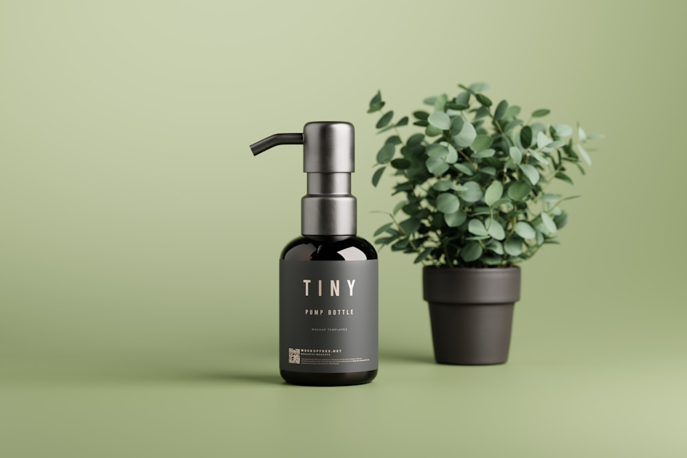 a bottle of tiny next to a potted plant