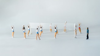 A scene of small figurines playing volleyball. The figures are dressed in athletic attire, with a volleyball net set up in the middle. There are several players on each side, poised as if in the middle of a game. One figure, dressed differently, appears to be observing the game.