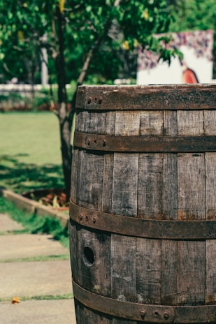 A wooden barrel stands prominently in a lush garden setting. The barrel has metal bands and a rustic, weathered appearance. In the background, there's greenery with trees and bushes, and a path made of stone tiles.