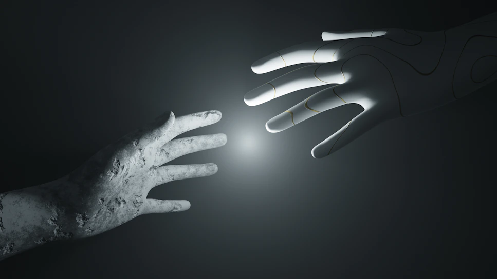 Close-up of a sleek humanoid robot hand reaching out with blue LED lights glowing.