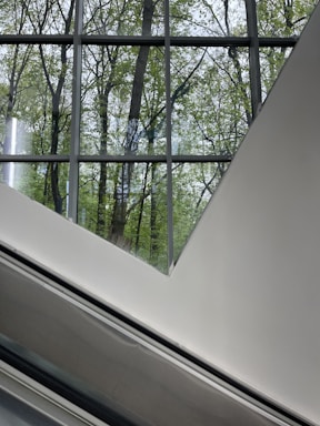 A modern window with sleek lines and a view.