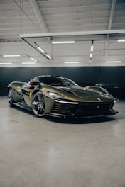 A sleek car gleaming under soft neon green lighting, showcasing a flawless exterior finish.