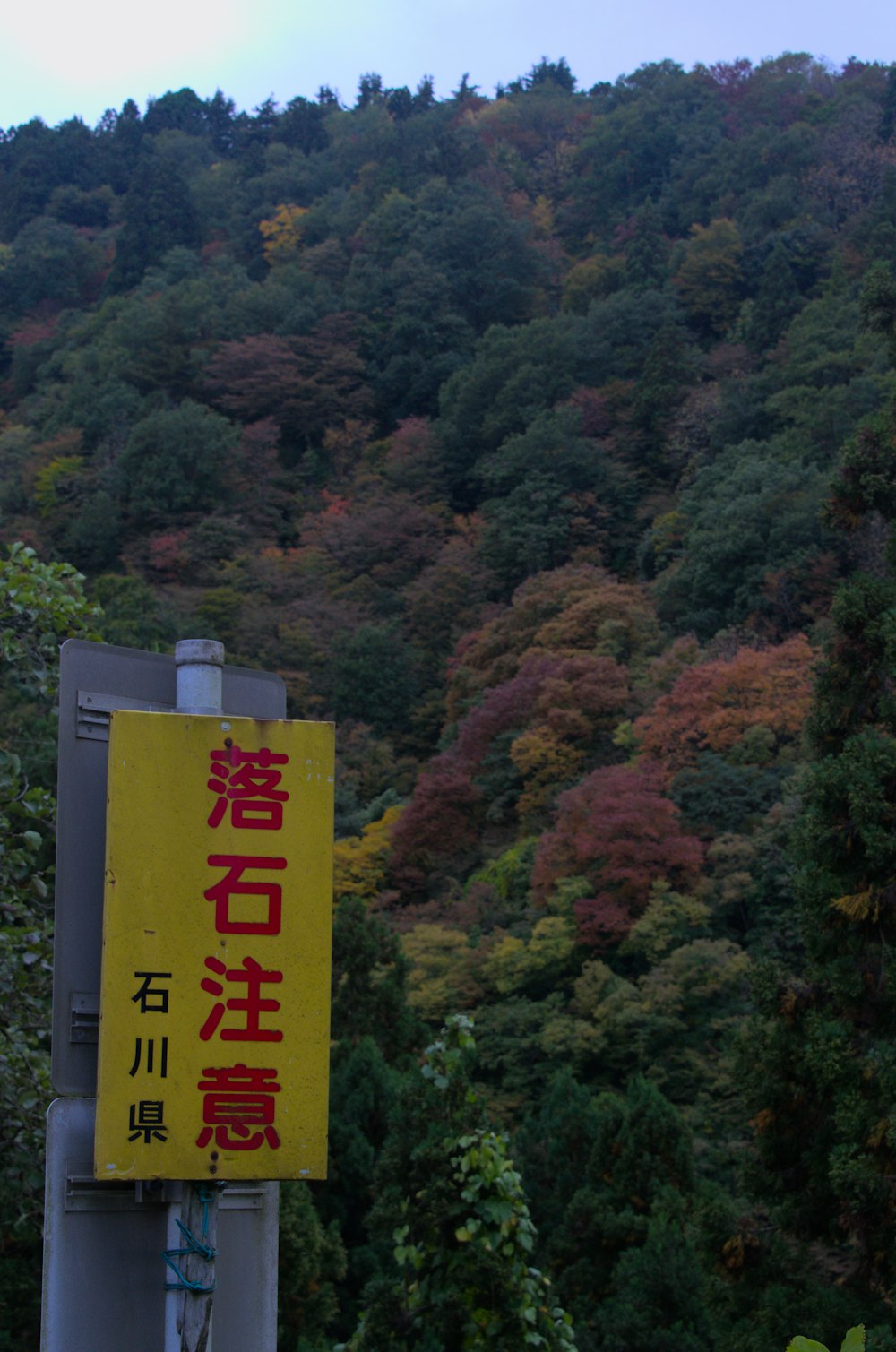 a yellow sign that is in front of a mountain