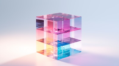 A transparent cube structure composed of smaller interlocking blocks, each reflecting and transmitting light in various hues of blue, pink, and purple. The arrangement of the cubes creates an abstract, geometric pattern with subtle reflections on the surface beneath.