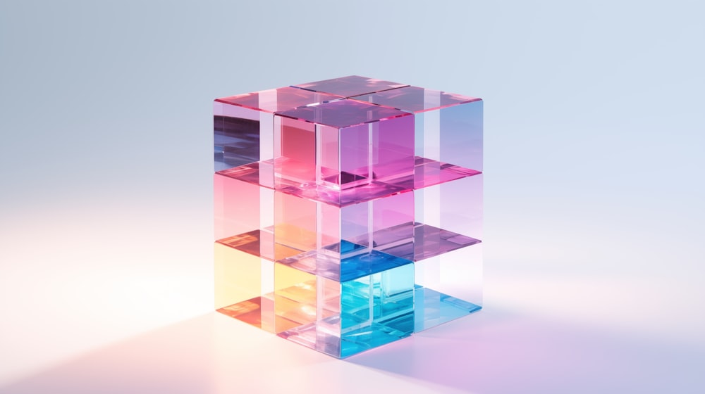 a multicolored cube of glass on a white background