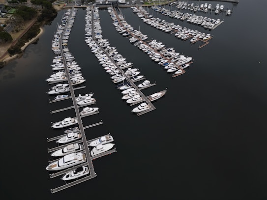 Numerous boats are docked in a marina, lined up neatly along long piers that stretch across the water. The marina is surrounded by a mix of trees and land, with small pathways visible. The view is from above, capturing the orderly arrangement of boats in their slips.