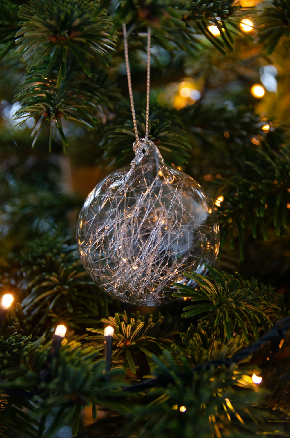 a glass ornament hanging from a christmas tree