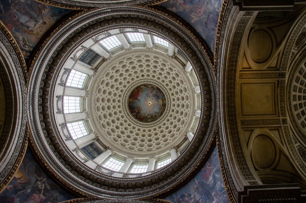 looking up at the ceiling of a building