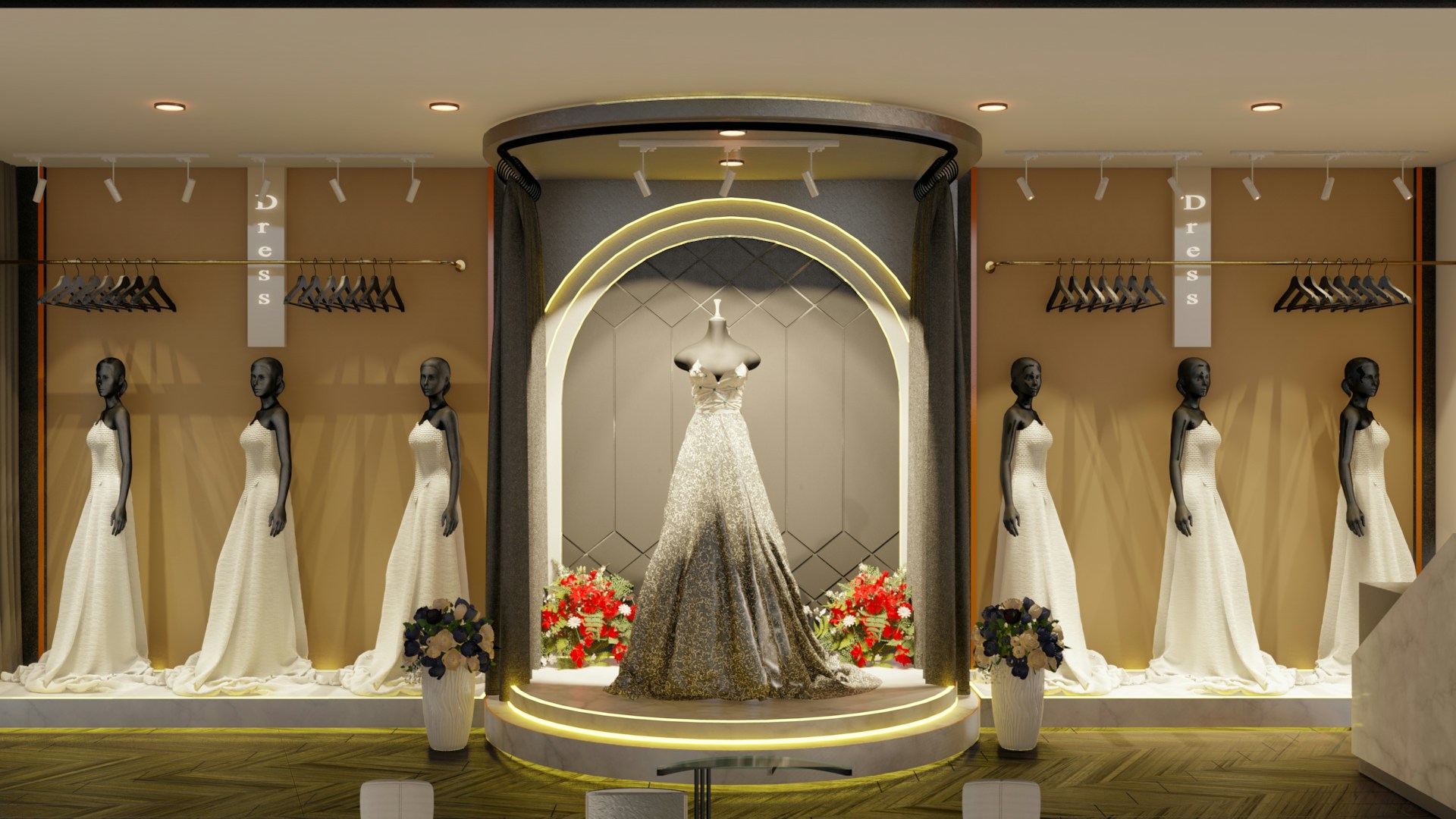 a display of wedding gowns and bridal gowns