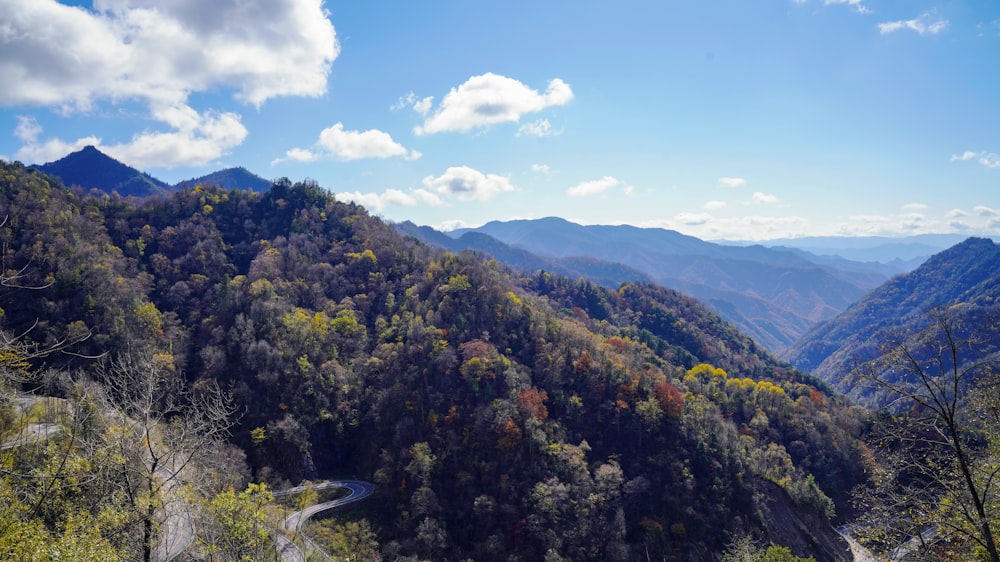 a scenic view of a winding road in the mountains