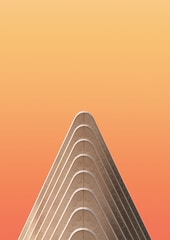 A minimalist architectural structure with a triangular, layered design set against a gradient orange background.