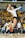 A female volleyball player is captured in mid-air, poised to serve the ball during a match. She is wearing a white jersey and black shorts, with knee pads and white sneakers. The background shows an indoor sports arena filled with spectators seated in yellow seats.