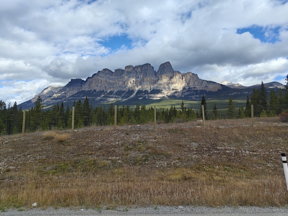 a field with a fence and mountains in the background