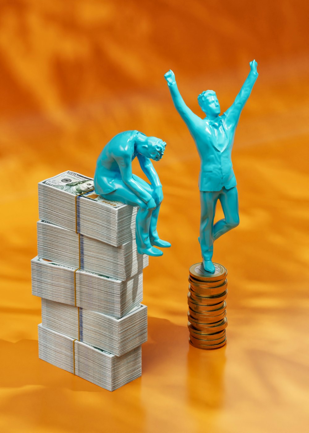 a statue of a man standing on top of stacks of money