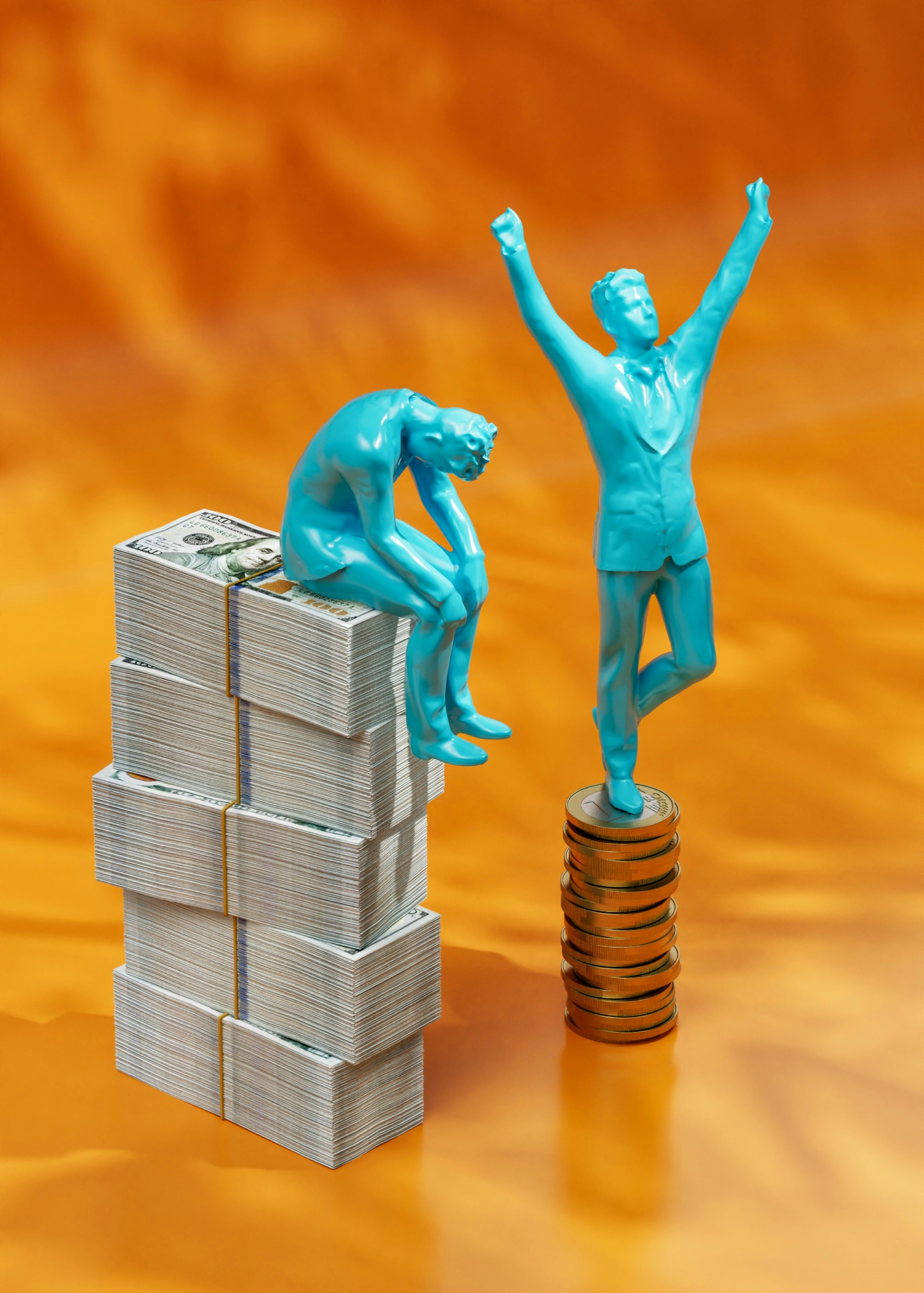 a statue of a man standing on top of stacks of money