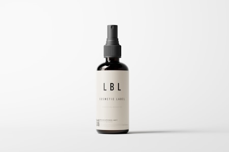 A minimalistic cosmetic bottle with a pump dispenser is positioned centrally against a plain white background. The bottle is dark in color with a simple, elegant label that reads 'LBL COSMETIC LABEL'. The design emphasizes clean lines and simplicity, highlighting the brand's focus on elegance and modern aesthetics.