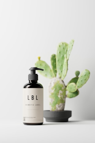 A cosmetic bottle with a pump is placed on a surface next to a small potted cactus. The bottle has a label with 'LBL Cosmetic Label' printed on it. The cactus is in a modern, minimalistic pot.