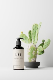 A cosmetic bottle with a pump is placed on a surface next to a small potted cactus. The bottle has a label with 'LBL Cosmetic Label' printed on it. The cactus is in a modern, minimalistic pot.