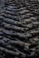 Close-up of heavy equipment tracks leaving deep impressions in rich, dark soil.