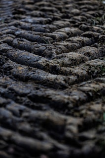 Close-up of heavy equipment tracks leaving deep impressions in rich, dark soil.