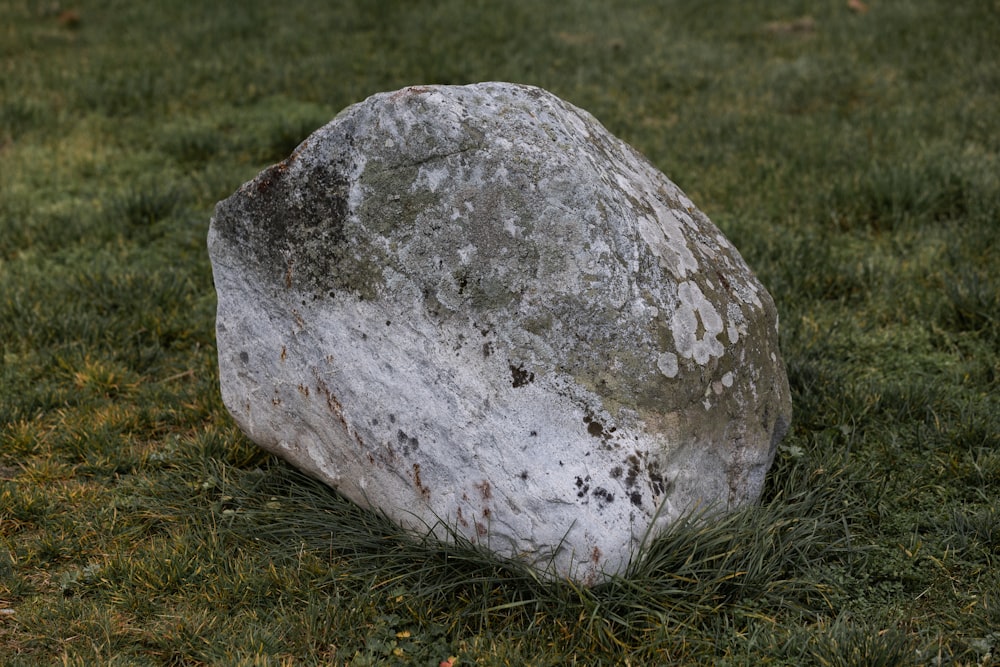 a large rock sitting on top of a lush green field