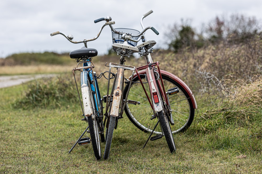 a couple of bikes that are sitting in the grass