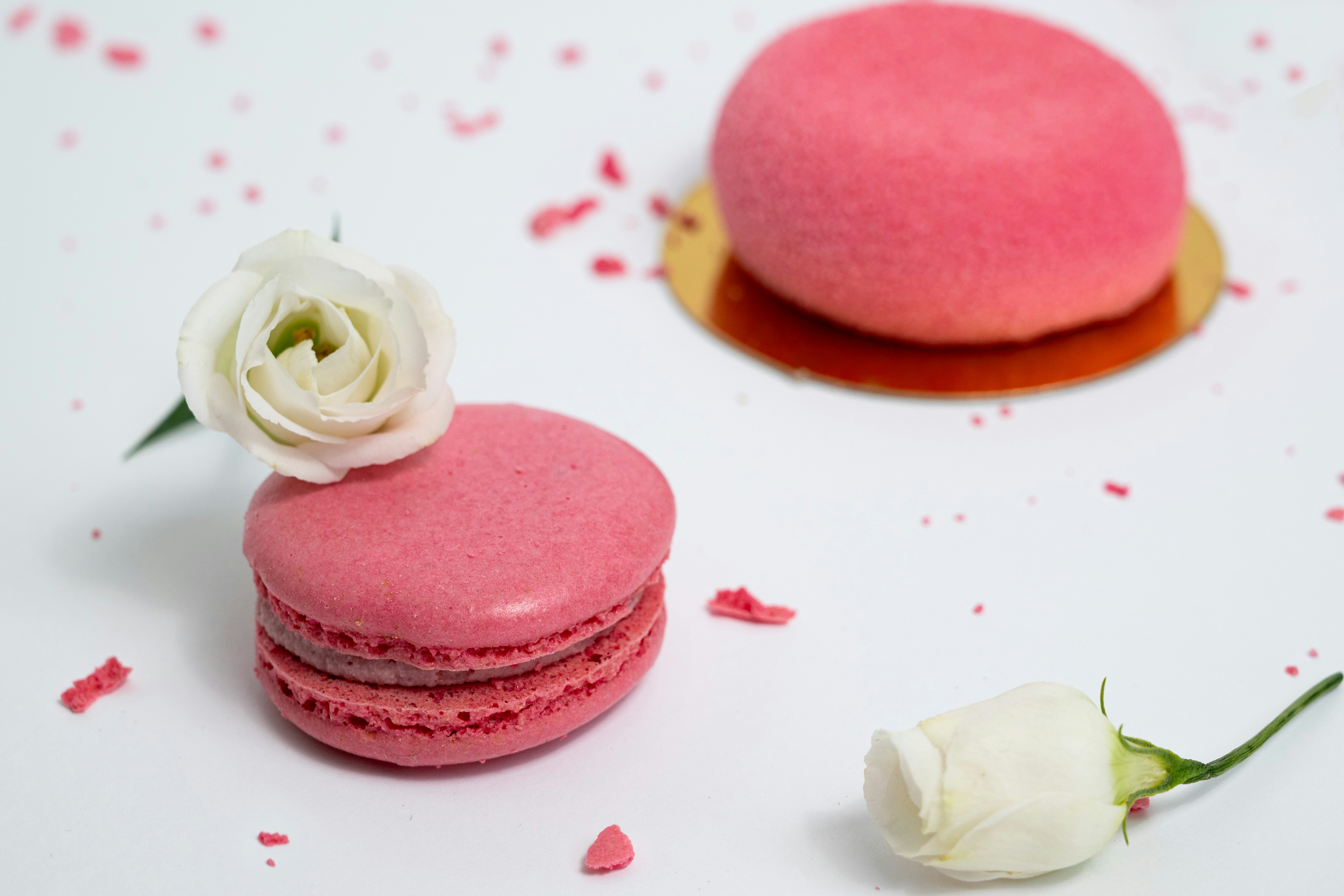 a couple of pink macaroons sitting on top of a white table