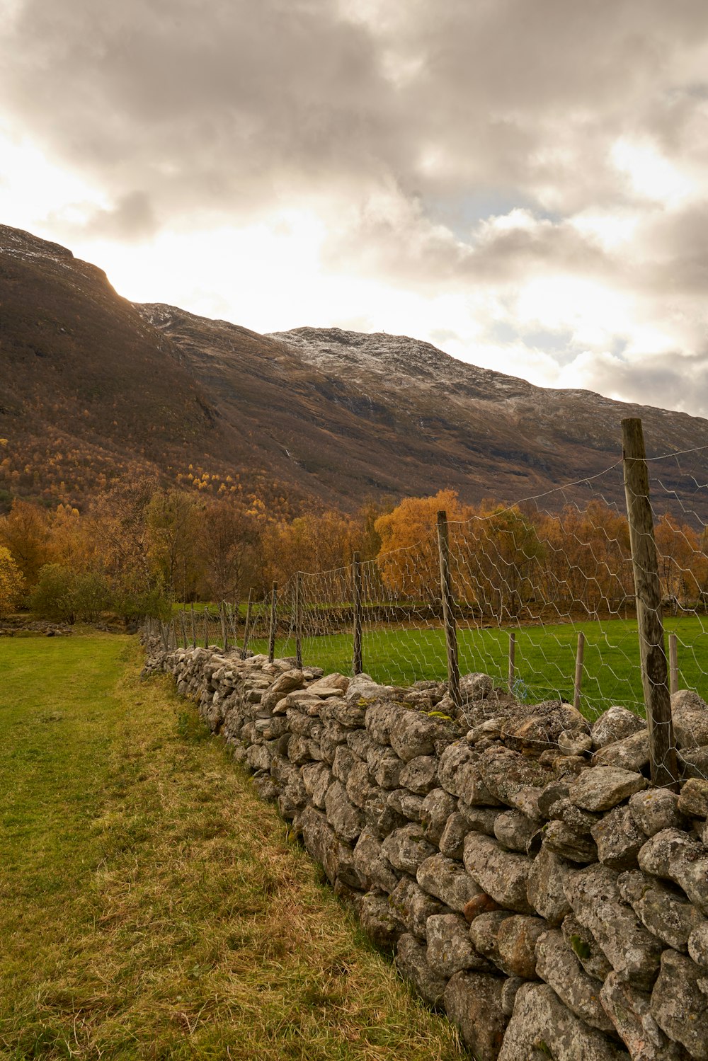 a stone wall in a field with mountains in the background