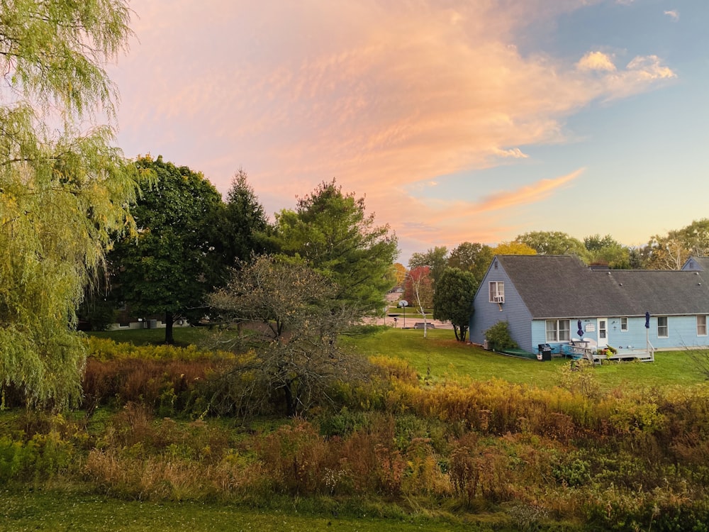 a blue house sitting on top of a lush green field