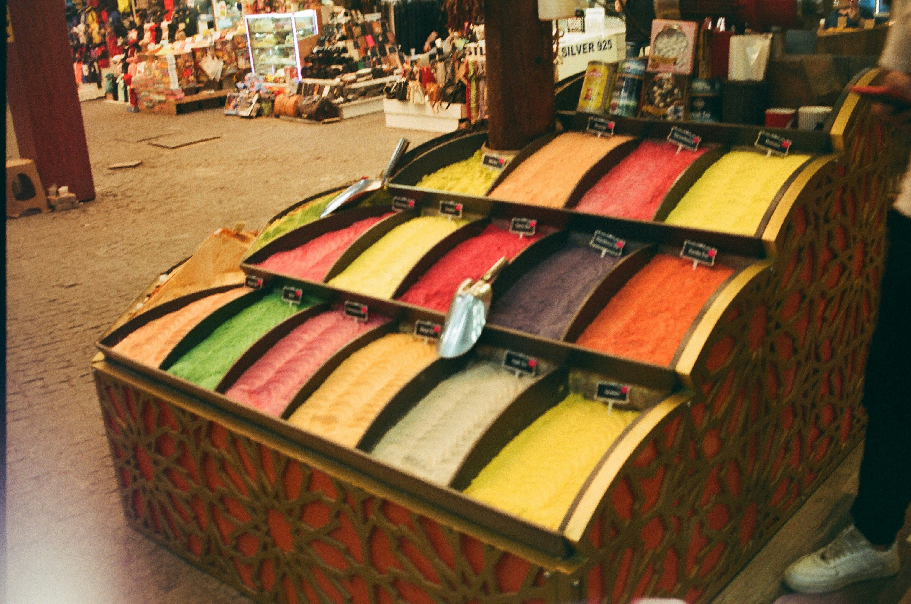 a display of colorful ribbons in a market