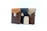 Three leather pouches with textured surfaces and metal clasps are neatly arranged. The first is brown with a tan flap, the second is black, and the third is brown with a beige flap. A blank kraft paper tag lies in front of them.