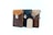 Three leather pouches with textured surfaces and metal clasps are neatly arranged. The first is brown with a tan flap, the second is black, and the third is brown with a beige flap. A blank kraft paper tag lies in front of them.
