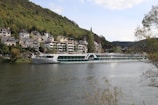 A scenic river cruise boat gliding past lush European countryside.