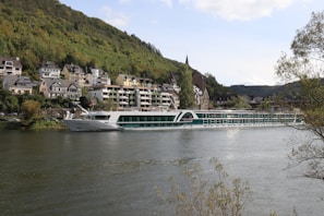 A large, modern river cruise ship sails along a wide river with a backdrop of a quaint village nestled against lush green hills. The village features traditional European architecture with houses and buildings displaying a mix of pastel and neutral colors. Trees and foliage surround the area, adding to the picturesque nature of the scene.