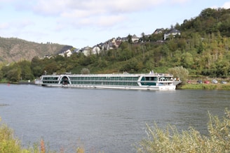 A large river cruise ship is sailing on a wide river bordered by lush green vegetation. On the opposite bank, a hillside is dotted with buildings, houses, and cars. The sky is partly cloudy with patches of blue showing through.