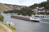 A river scene featuring large cargo and passenger vessels moving along the waterway. Hills covered with greenery and scattered residential buildings form the background. A small dock and a red speedboat are visible along the shoreline.