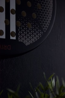 A close-up of a modern showerhead with multiple circular nozzles and geometric patterns is visible against a dark background. Green plant leaves are partially shown at the bottom.