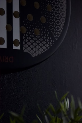 A close-up of a modern showerhead with multiple circular nozzles and geometric patterns is visible against a dark background. Green plant leaves are partially shown at the bottom.