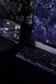 A dimly lit workspace containing a partially visible laptop displaying a music streaming service with an album cover titled 'chill', a mechanical keyboard with backlit keys, and a monitor displaying abstract dark patterns. In the background, there is a plant with green leaves adding a natural element to the setup.