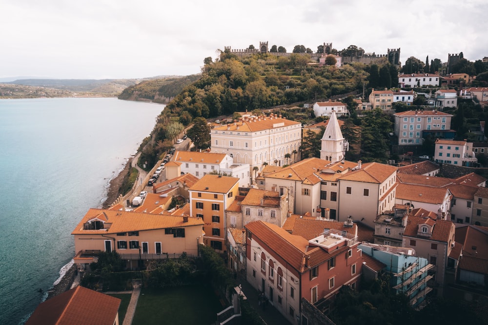 an aerial view of a city next to a body of water