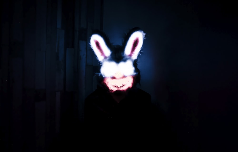 a person wearing a bunny mask in the dark