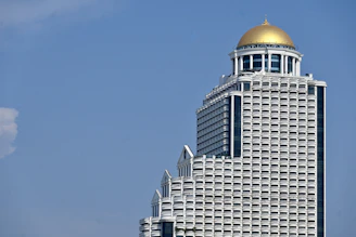 Elegant exterior of Summitara’s Baghdad head office with deep navy and gold accents under a clear sky.