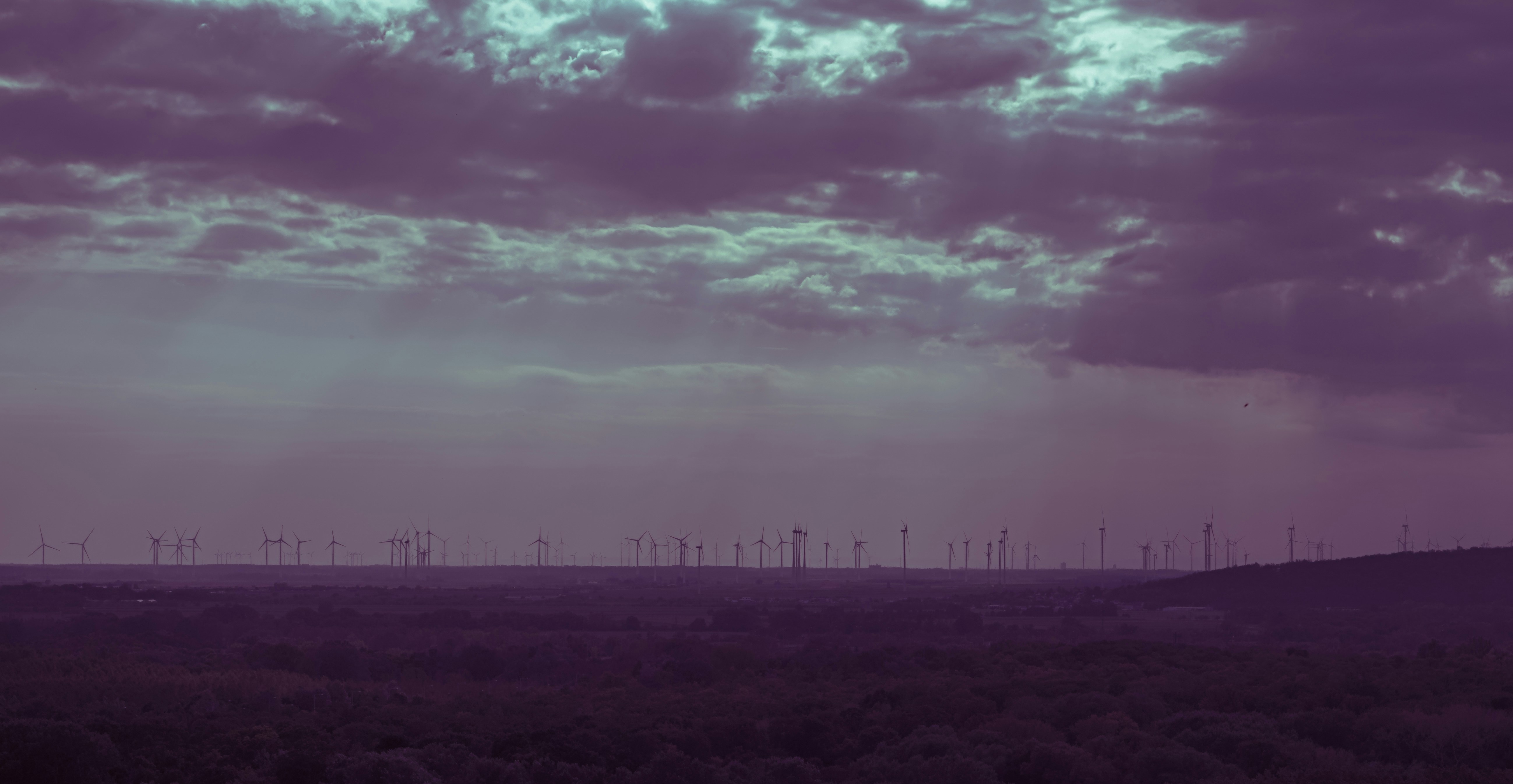 a field with a lot of wind mills in the distance